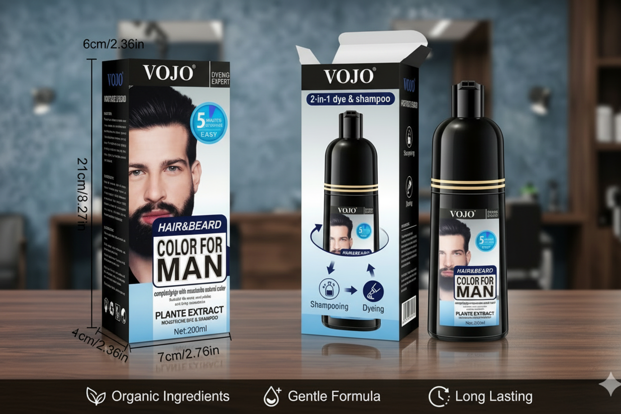 VOJO hair and beard care products including shampoo, colorant, and extract on a wooden surface with a blurred background.